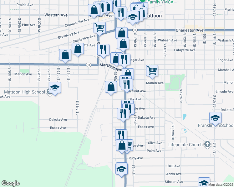 map of restaurants, bars, coffee shops, grocery stores, and more near 719 Lakeland Boulevard in Mattoon