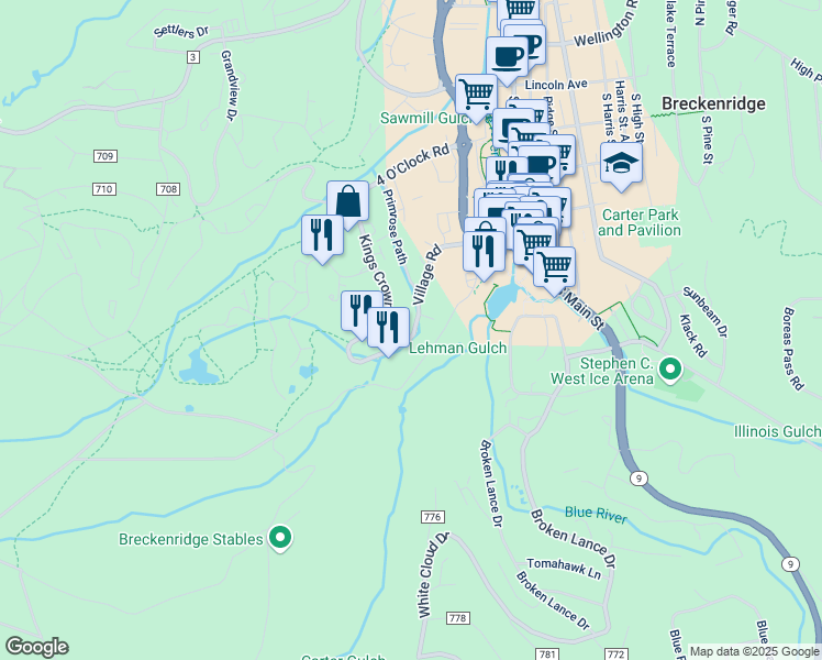 map of restaurants, bars, coffee shops, grocery stores, and more near 550 Village Road in Breckenridge