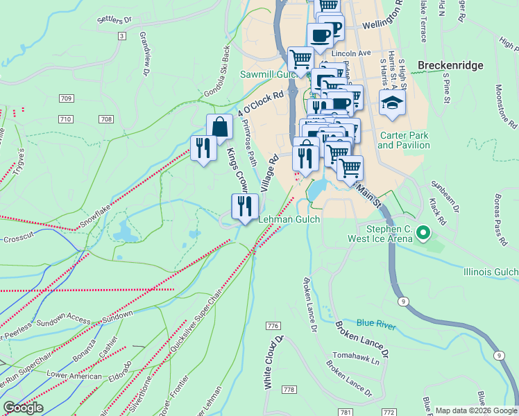 map of restaurants, bars, coffee shops, grocery stores, and more near 550 Village Road in Breckenridge