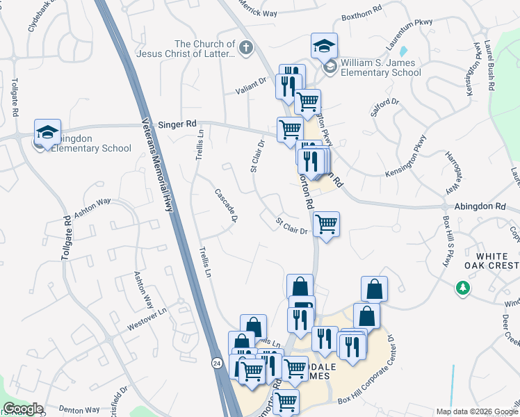 map of restaurants, bars, coffee shops, grocery stores, and more near 3101 Cardinal Way in Abingdon
