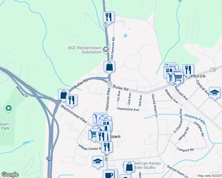 map of restaurants, bars, coffee shops, grocery stores, and more near 116 Hanover Road in Reisterstown