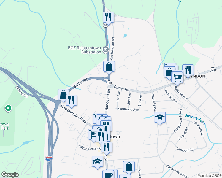 map of restaurants, bars, coffee shops, grocery stores, and more near 116 Hanover Road in Reisterstown