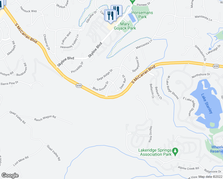 map of restaurants, bars, coffee shops, grocery stores, and more near 3025 Deer Run Drive in Reno