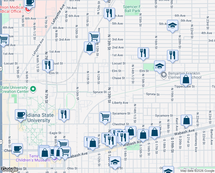 map of restaurants, bars, coffee shops, grocery stores, and more near 615 North 13th Street in Terre Haute