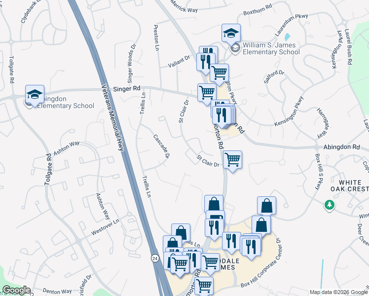 map of restaurants, bars, coffee shops, grocery stores, and more near 3101 Cardinal Way in Abingdon