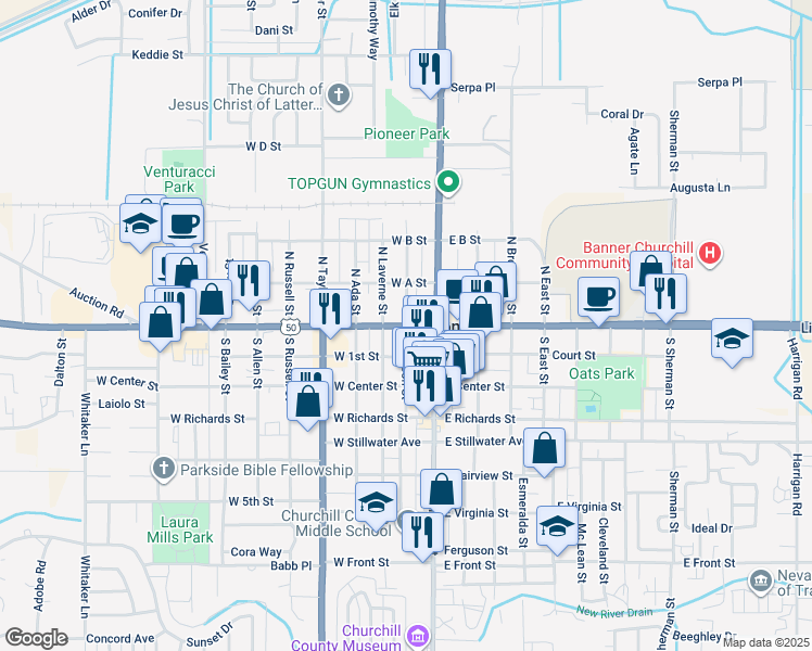 map of restaurants, bars, coffee shops, grocery stores, and more near U.S. 50 in Fallon