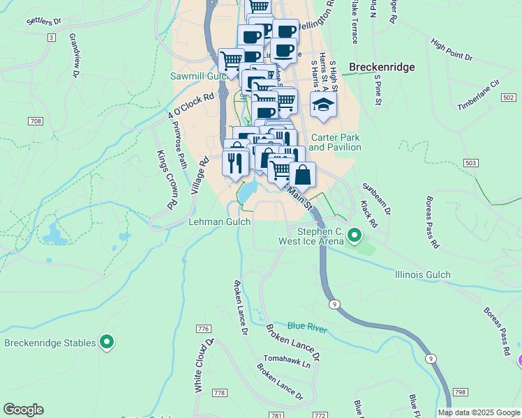 map of restaurants, bars, coffee shops, grocery stores, and more near 610 Columbine Road in Breckenridge