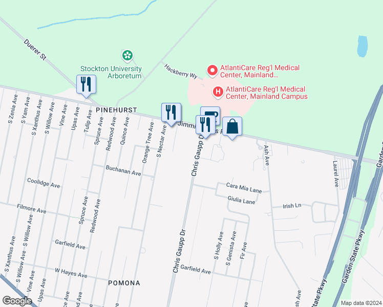 map of restaurants, bars, coffee shops, grocery stores, and more near 72 West Jimmie Leeds Road in Galloway