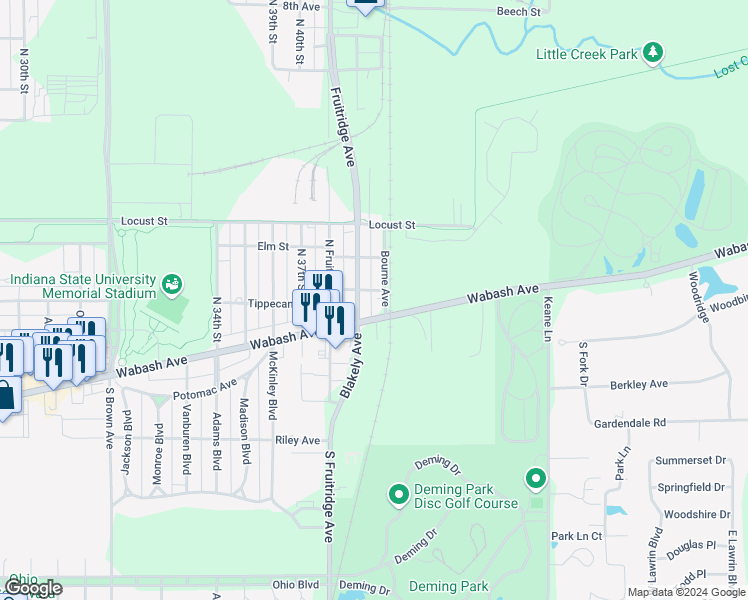 map of restaurants, bars, coffee shops, grocery stores, and more near 101 Blakely Avenue in Terre Haute