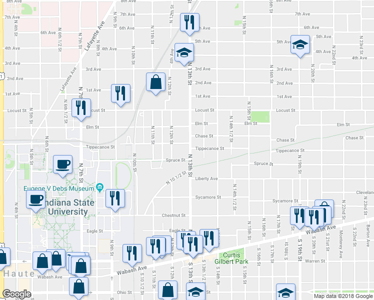 map of restaurants, bars, coffee shops, grocery stores, and more near 615 North 13th Street in Terre Haute