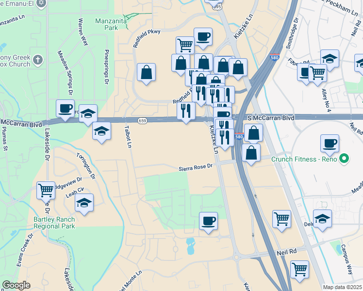 map of restaurants, bars, coffee shops, grocery stores, and more near 605 Sierra Rose Drive in Reno
