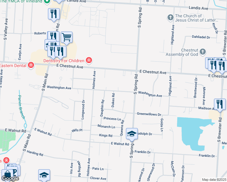 map of restaurants, bars, coffee shops, grocery stores, and more near 1834 Washington Avenue in Vineland