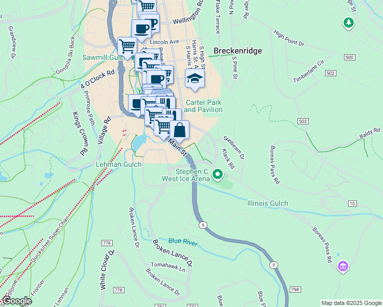 map of restaurants, bars, coffee shops, grocery stores, and more near 680 South Main Street in Breckenridge