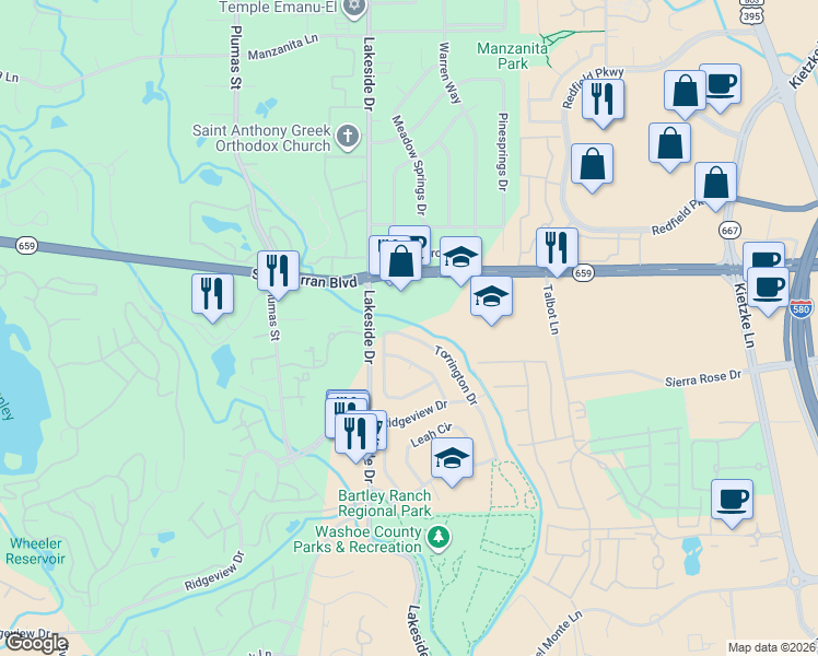 map of restaurants, bars, coffee shops, grocery stores, and more near 6900 South McCarran Boulevard in Reno