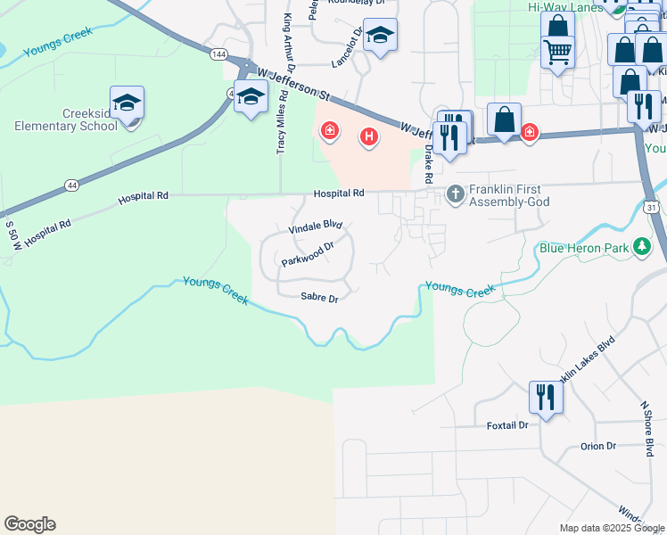 map of restaurants, bars, coffee shops, grocery stores, and more near 1199 Hospital Road in Franklin