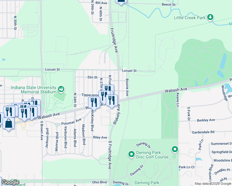 map of restaurants, bars, coffee shops, grocery stores, and more near 101 North Fruitridge Avenue in Terre Haute