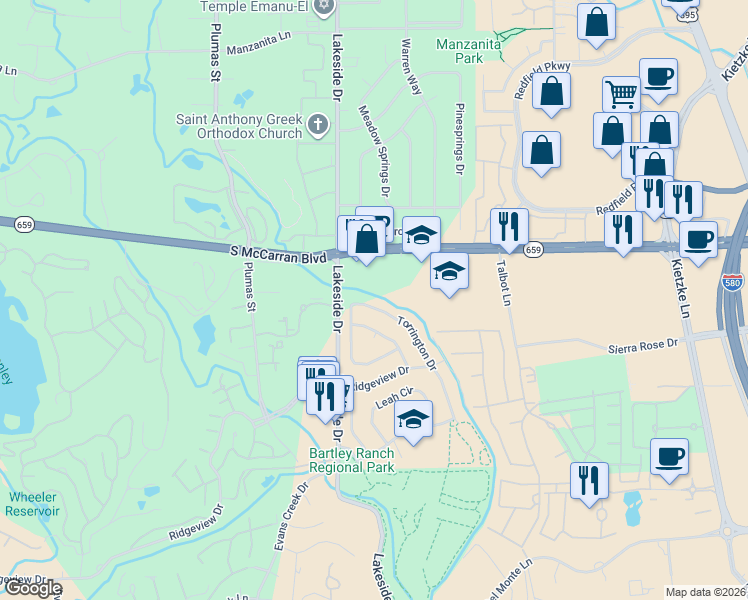 map of restaurants, bars, coffee shops, grocery stores, and more near 6900 South McCarran Boulevard in Reno