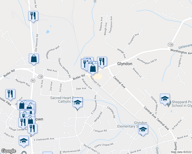 map of restaurants, bars, coffee shops, grocery stores, and more near 4815 Butler Road in Glyndon