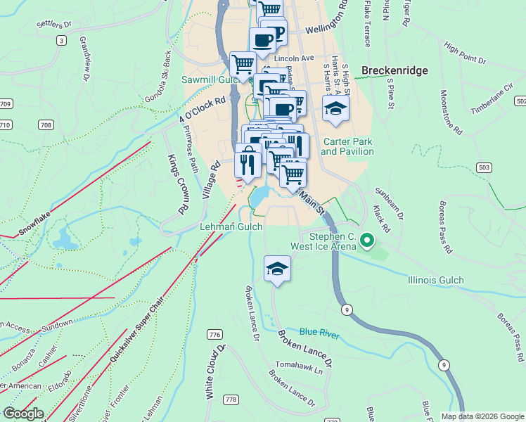 map of restaurants, bars, coffee shops, grocery stores, and more near 655 Columbine Road in Breckenridge