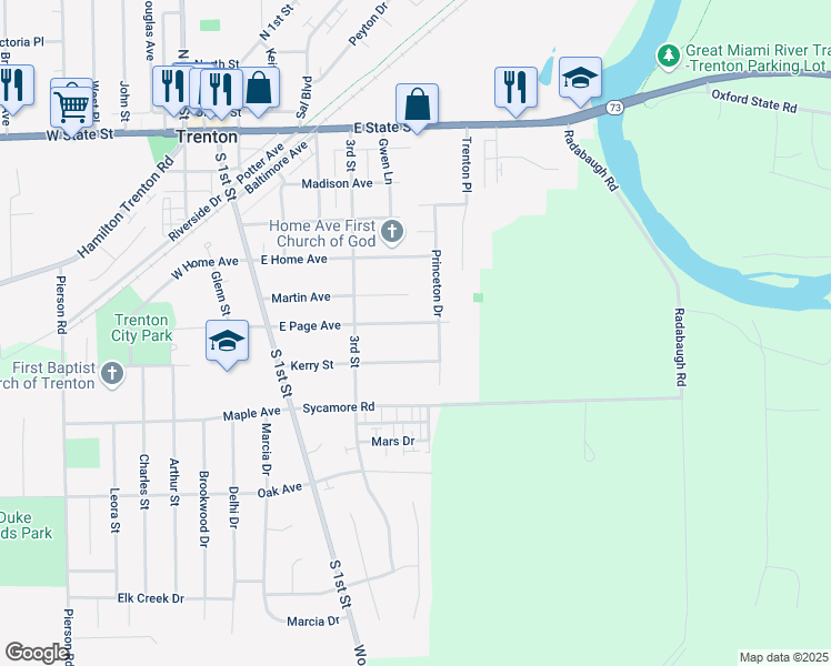 map of restaurants, bars, coffee shops, grocery stores, and more near 412 East Page Avenue in Trenton
