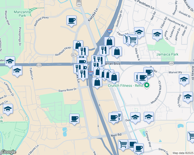 map of restaurants, bars, coffee shops, grocery stores, and more near 5555 S Virginia St in Reno