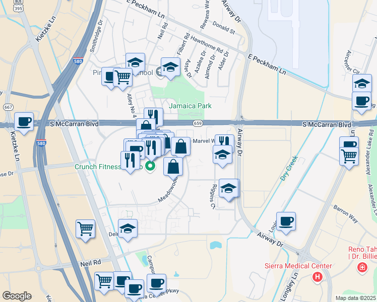 map of restaurants, bars, coffee shops, grocery stores, and more near 5200 Neil Road in Reno