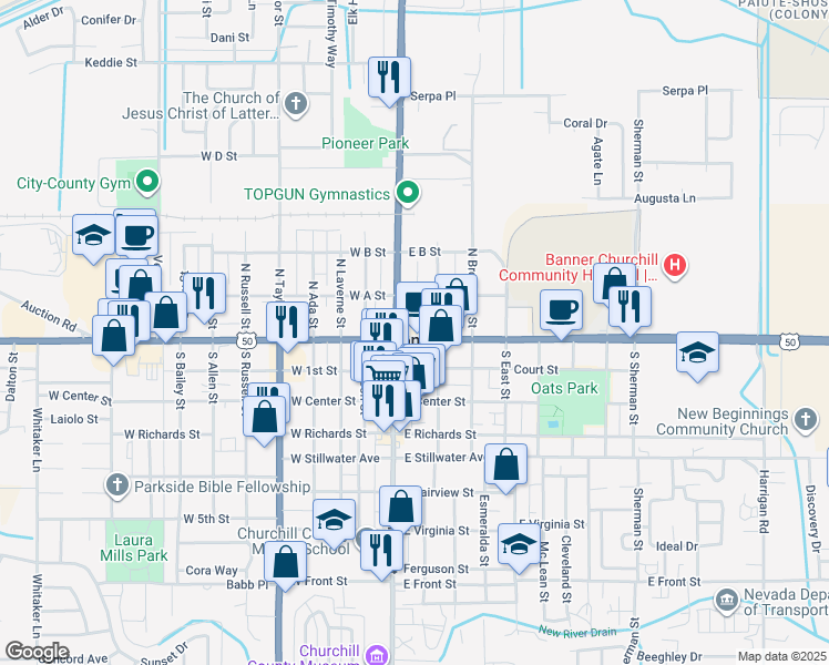 map of restaurants, bars, coffee shops, grocery stores, and more near 55 East Williams Avenue in Fallon