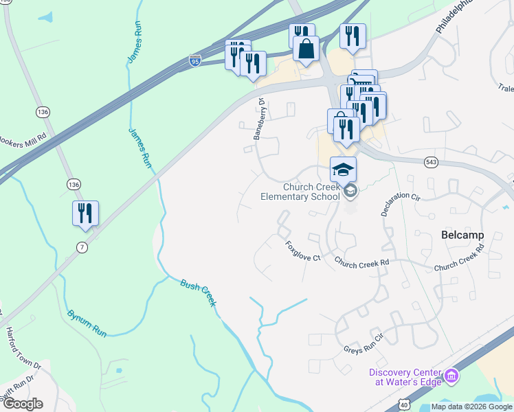 map of restaurants, bars, coffee shops, grocery stores, and more near 1306 Lavender Lane in Belcamp