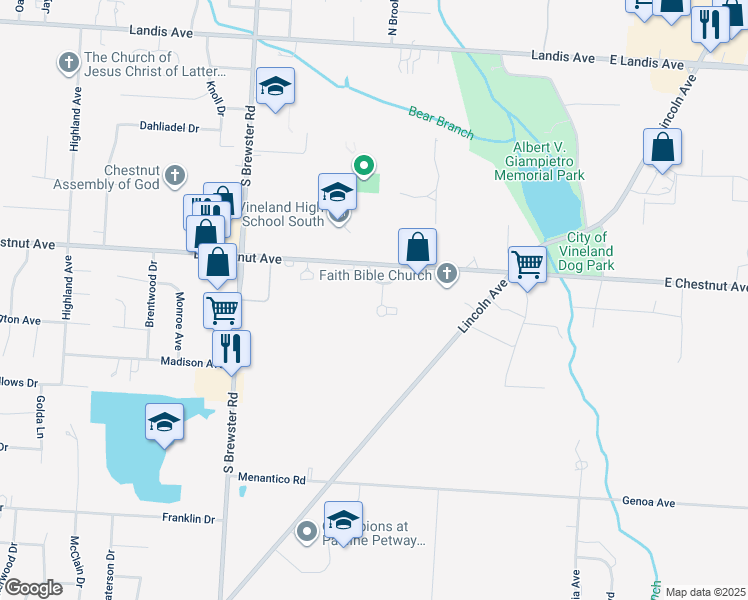 map of restaurants, bars, coffee shops, grocery stores, and more near 3001 East Chestnut Avenue in Vineland