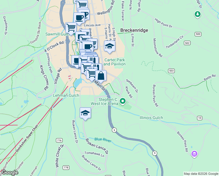 map of restaurants, bars, coffee shops, grocery stores, and more near 600 South Ridge Street in Breckenridge