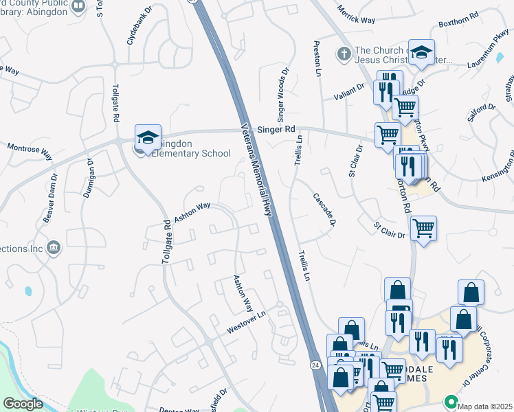 map of restaurants, bars, coffee shops, grocery stores, and more near 211 Glen View Terrace in Abingdon