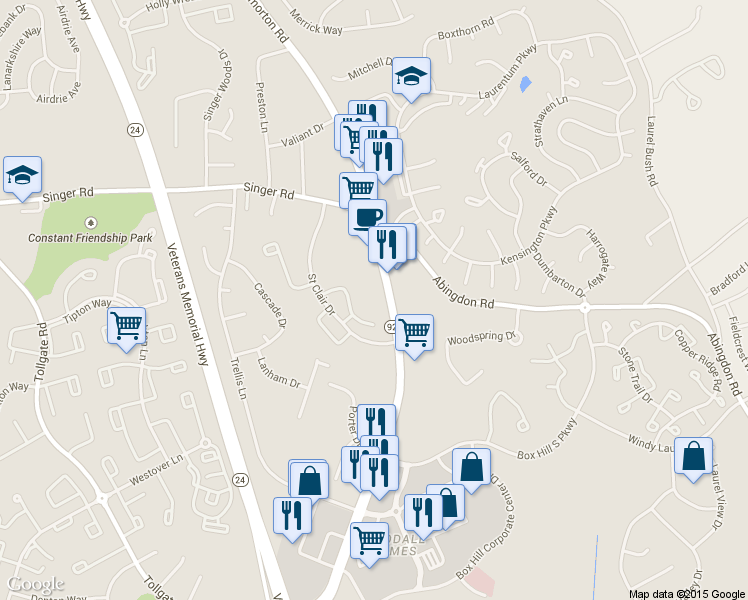 map of restaurants, bars, coffee shops, grocery stores, and more near 3106 Emmorton Road in Abingdon