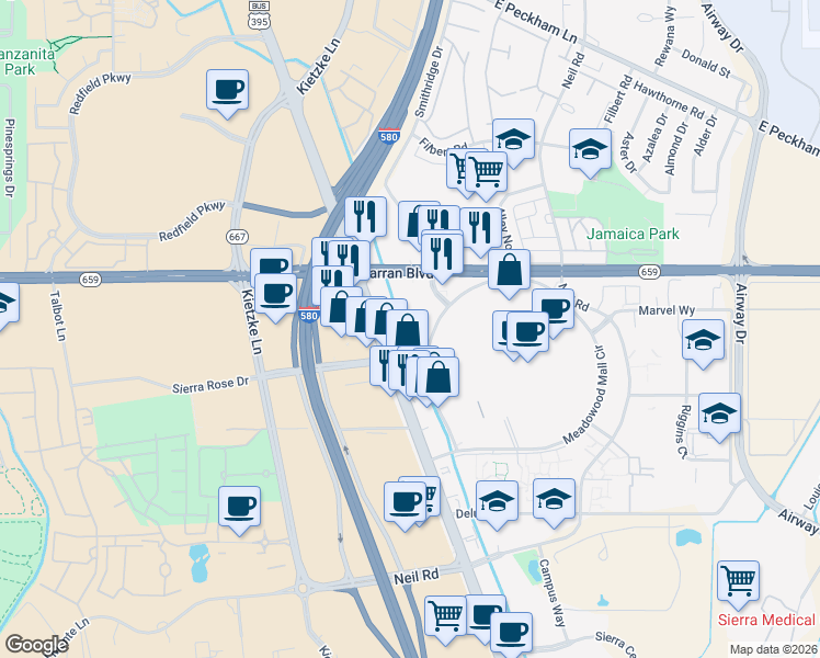 map of restaurants, bars, coffee shops, grocery stores, and more near 5250 South Virginia Street in Reno