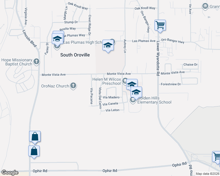map of restaurants, bars, coffee shops, grocery stores, and more near Vía Cedro in Oroville