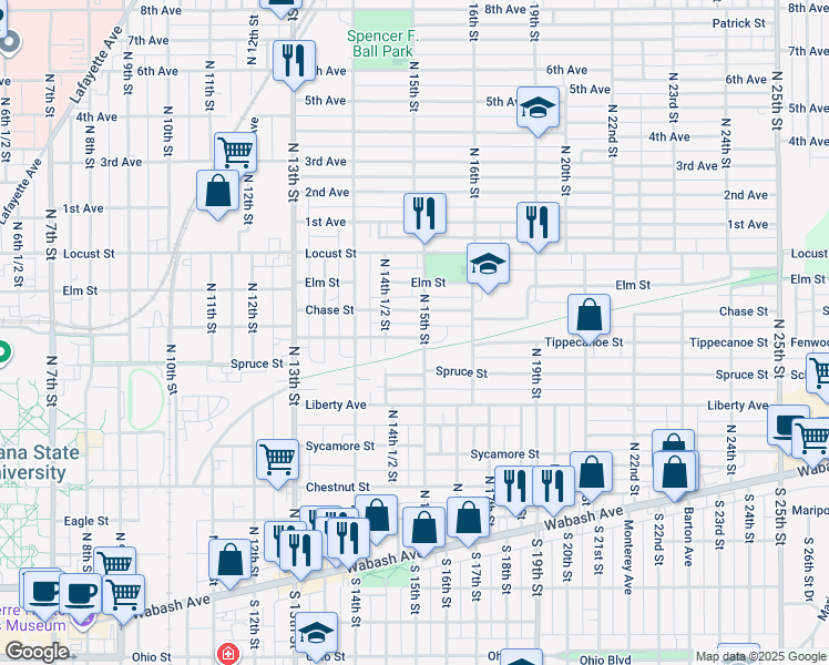 map of restaurants, bars, coffee shops, grocery stores, and more near 1464 Tippecanoe Street in Terre Haute