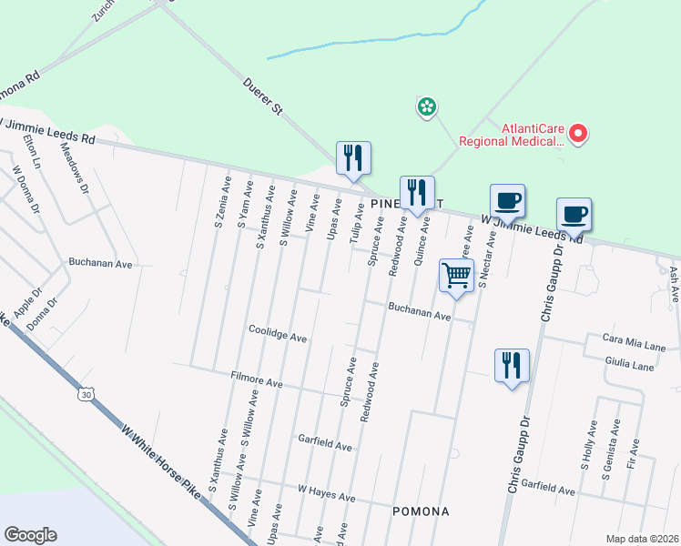 map of restaurants, bars, coffee shops, grocery stores, and more near 316 South Tulip Avenue in Galloway