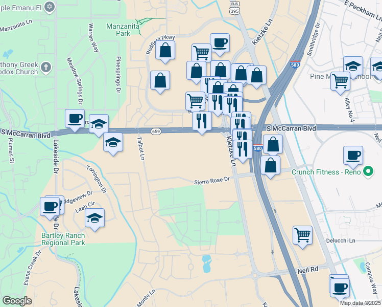 map of restaurants, bars, coffee shops, grocery stores, and more near 605 Sierra Rose Drive in Reno