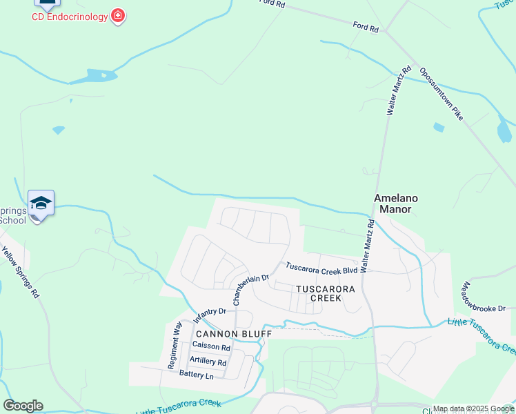 map of restaurants, bars, coffee shops, grocery stores, and more near 2044 Chamberlain Drive in Frederick