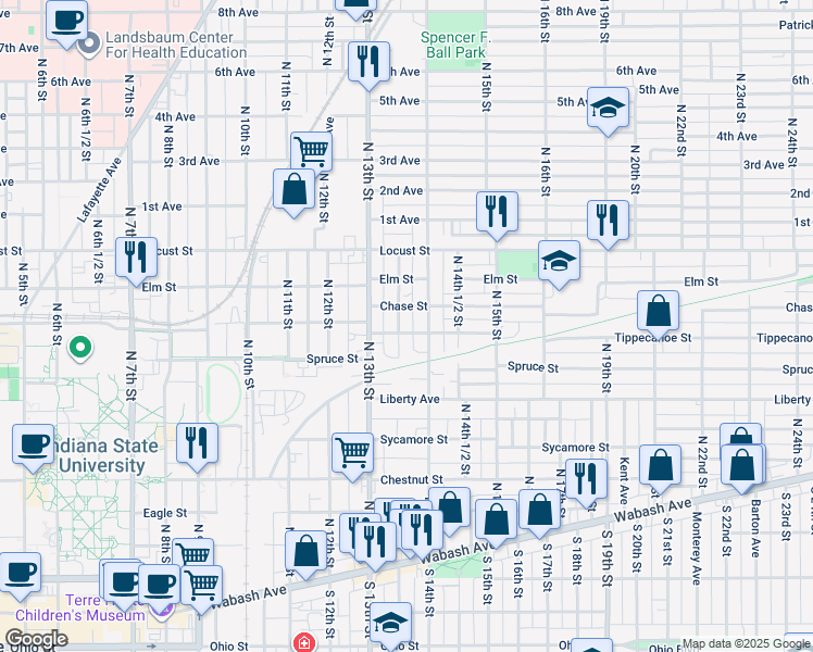 map of restaurants, bars, coffee shops, grocery stores, and more near 605 North 13th 1/2 Street in Terre Haute