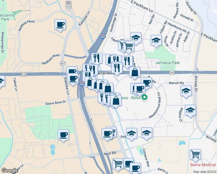 map of restaurants, bars, coffee shops, grocery stores, and more near 5250 South Virginia Street in Reno