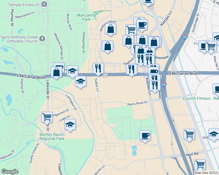 map of restaurants, bars, coffee shops, grocery stores, and more near 6560 South McCarran Boulevard in Reno