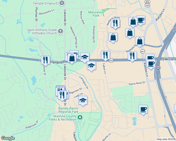 map of restaurants, bars, coffee shops, grocery stores, and more near 6780 South McCarran Boulevard in Reno
