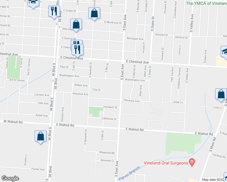 map of restaurants, bars, coffee shops, grocery stores, and more near 752 South East Avenue in Vineland