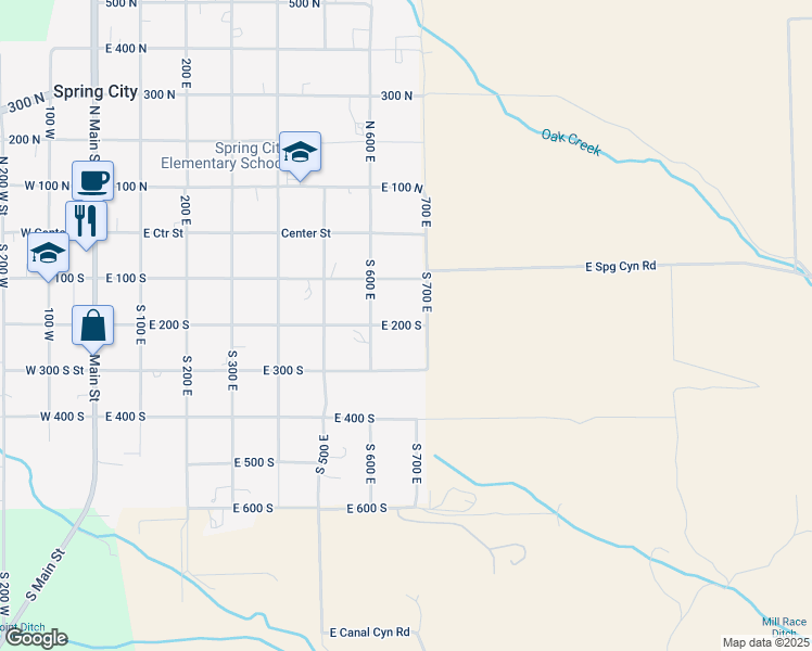 map of restaurants, bars, coffee shops, grocery stores, and more near 687 East 200 South in Spring City