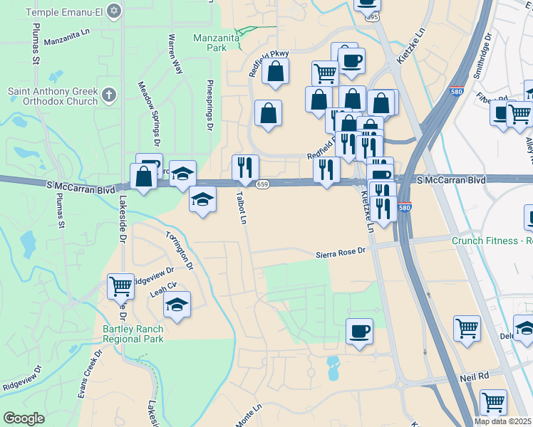 map of restaurants, bars, coffee shops, grocery stores, and more near 6560 South McCarran Boulevard in Reno