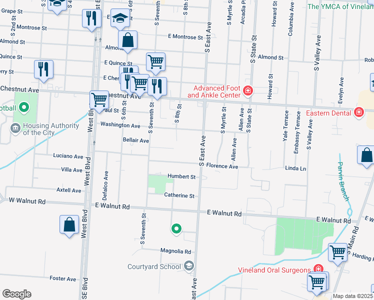 map of restaurants, bars, coffee shops, grocery stores, and more near 752 South East Avenue in Vineland