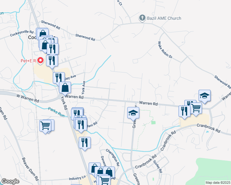 map of restaurants, bars, coffee shops, grocery stores, and more near 10511 Samona Road in Cockeysville