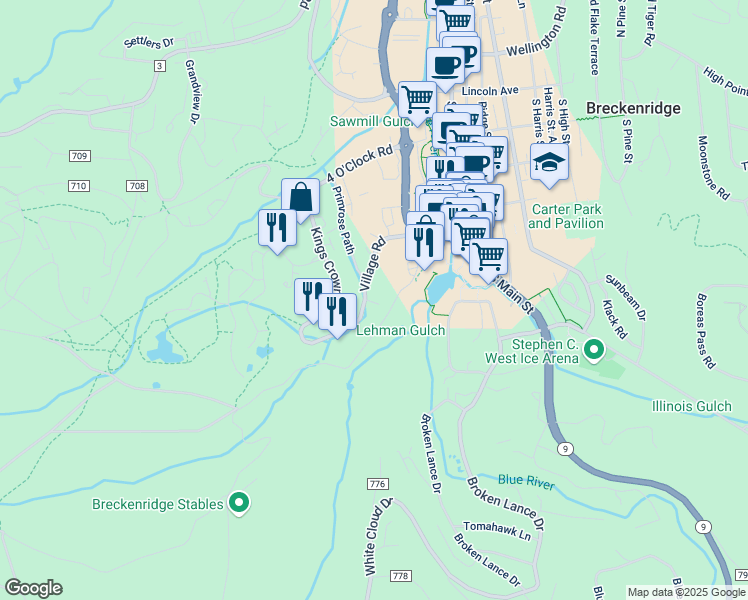 map of restaurants, bars, coffee shops, grocery stores, and more near 550 Village Road in Breckenridge