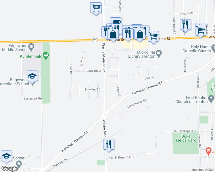 map of restaurants, bars, coffee shops, grocery stores, and more near 586 Wayne Madison Road in Trenton