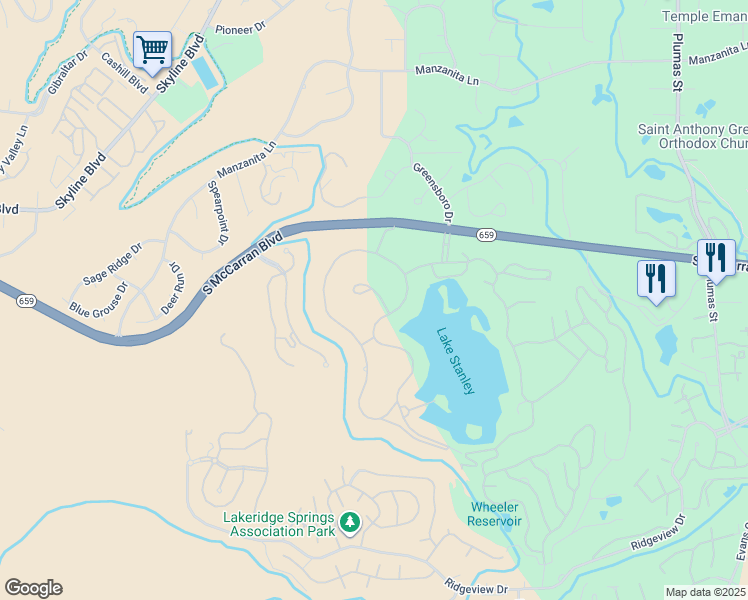 map of restaurants, bars, coffee shops, grocery stores, and more near 2512 Lake Ridge Shores Circle in Reno